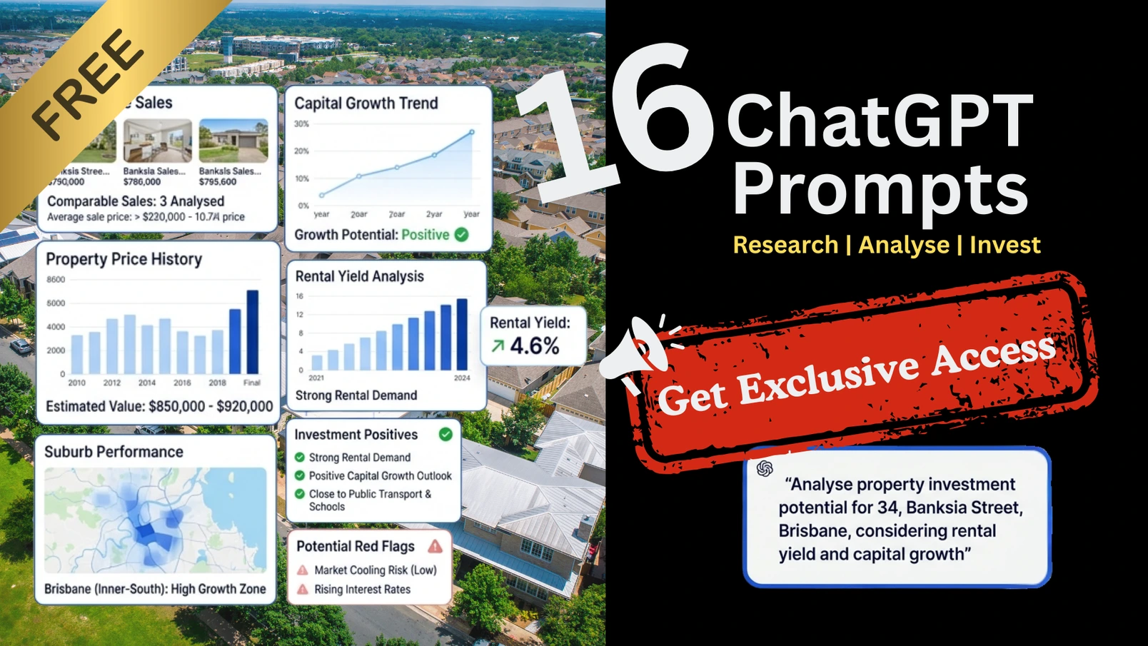 Sample ChatGPT property analysis: comparable sales, capital growth trend, price history, rental yield and red flags for a Brisbane listing, beside the free 16 ChatGPT Prompts cover.